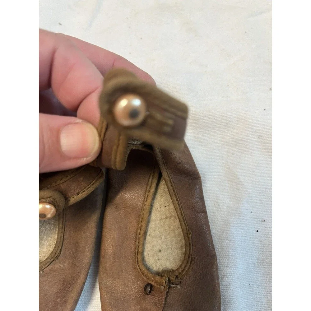 Antique Vintage Baby Shoes Brown Leather Ankle Strap Soft Sole Primitive